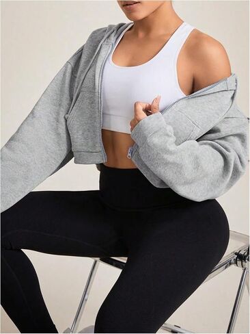 Women's Long Sleeve Full Zip Hoodie Drawstring Hooded Neck Sweatshirts Workout Crop Hoodie Pullovers in Saudi Arabia