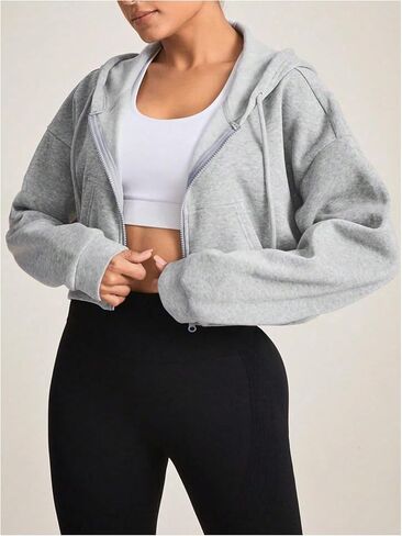 Women's Long Sleeve Full Zip Hoodie Drawstring Hooded Neck Sweatshirts Workout Crop Hoodie Pullovers in Saudi Arabia