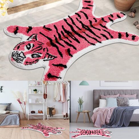 Tiger Shaped Rug Bath Mat Pink Tiger Bathroom Rug Non-Slip Door Mat Animals Printed Area Rug Carpet Small Home Decor Mat Playmat Bathroom Shower Rugs, 33.5x21.6inch in Kuwait