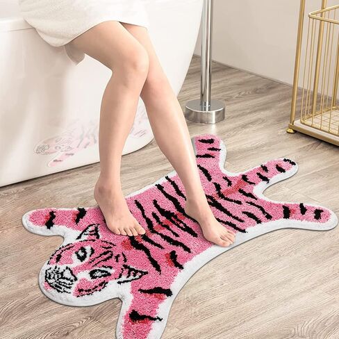 Tiger Shaped Rug Bath Mat Pink Tiger Bathroom Rug Non-Slip Door Mat Animals Printed Area Rug Carpet Small Home Decor Mat Playmat Bathroom Shower Rugs, 33.5x21.6inch in Kuwait