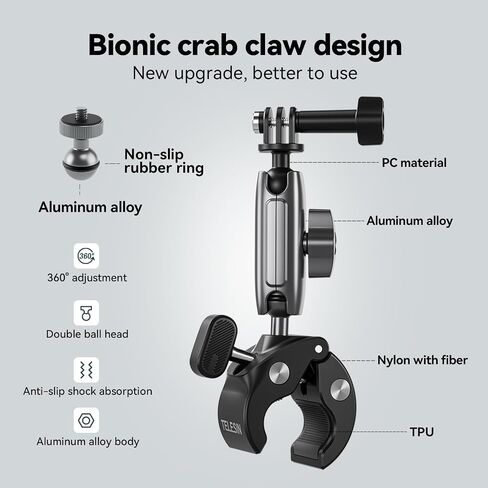 360 Dual Ball Joint Camera Clamp Mount, Bike Bicycle Motorcycle Handlebar Stick Pole Holder Accessories for GoPro 12 11 10 9 8 Insta360 X3 Go3 Ace Pro DJI Action 4 Osmo Pocket 3 in Saudi Arabia