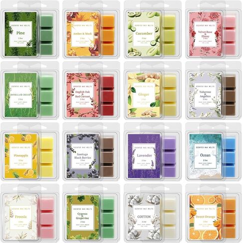 16 PCS 2.5oz Scented Wax Melts for Wax Candle Warmer, Multi-Color and Variety Scents Natural Soy Wax Warmer Cubes/Tarts for Home Removing Odors, 6 Cubes Each in Saudi Arabia