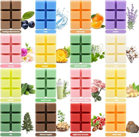 16 PCS 2.5oz Scented Wax Melts for Wax Candle Warmer, Multi-Color and Variety Scents Natural Soy Wax Warmer Cubes/Tarts for Home Removing Odors, 6 Cubes Each in Saudi Arabia