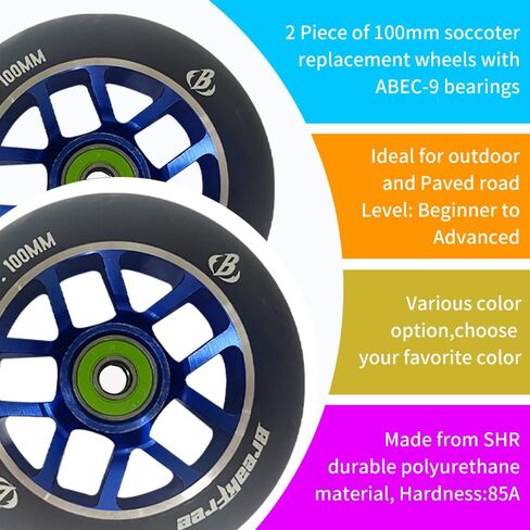 B BREAKFREE 2 PCS Polyurethane Replacement Scooter Wheels 100 mm with ABEC-9 Bearings for Outdoor & Indoor in Saudi Arabia