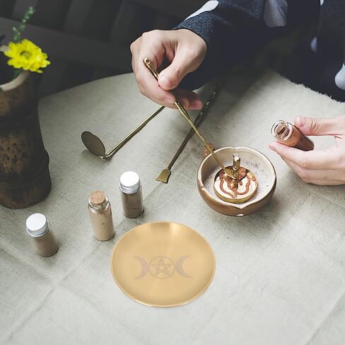 PATKAW الخماسي المذبح لوحة الشمعدان حامل نجمة القمر مذبح طقوس حرق شمعة حامل لوحة الأطباق تقديم البخور حرق وعاء مسطح لتلطيخ السحر الويكا لوازم التارو الذهبي in Kuwait