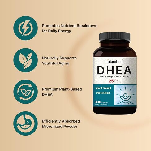 NatureBell DHEA 25mg, 300 Capsules | Micronized Grade for Better Absorption – Plant-Based DHEA Source – Supports Energy Levels & Healthy Aging for Men and Women – Non-GMO in Saudi Arabia