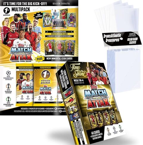 Topps Match Attax Soccer Cards 1st Edition Multipack + Random Mega Tin + 100 Card Protector Sleeves, 75 Cards - Random 1st Edition Gold Limited Card + 4 Exclusive Limited Edition Cards in Kuwait