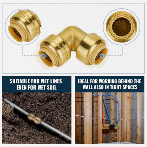 SUNGATOR Pushfit Plumbing Fitting Assortment 1/2 Inch, Straight Coupling (10 PCS), Tee (5 PCS), No Lead Brass Push to Connect Pex, Copper, CPVC, with A Disconnect Clip, Pack of 15 in Kuwait