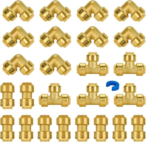 SUNGATOR Pushfit Plumbing Fitting Assortment 1/2 Inch, Straight Coupling (10 PCS), Tee (5 PCS), No Lead Brass Push to Connect Pex, Copper, CPVC, with A Disconnect Clip, Pack of 15 in Kuwait
