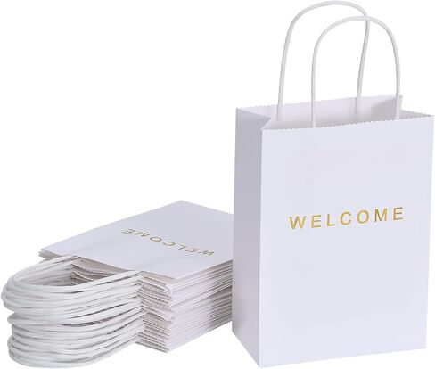 driew Welcome Gift Bags 50 Pack, Welcome Gift Bags 5.9 x 3.1 x 8.3'' Dark Green Paper Bags with Handles White Gift Bags for Retail, Wedding,Party, Shopping in Saudi Arabia