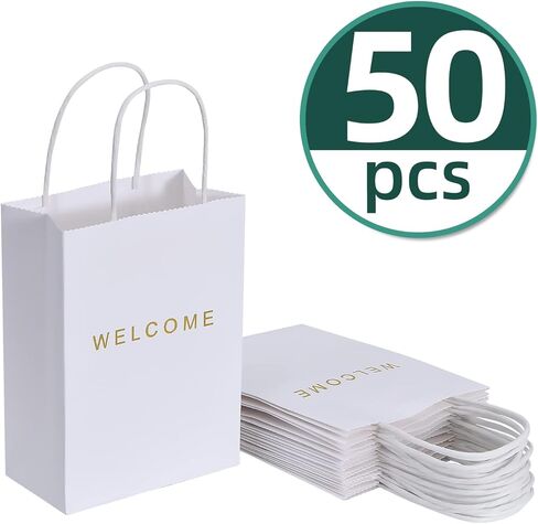 driew Welcome Gift Bags 50 Pack, Welcome Gift Bags 5.9 x 3.1 x 8.3'' Dark Green Paper Bags with Handles White Gift Bags for Retail, Wedding,Party, Shopping in Saudi Arabia