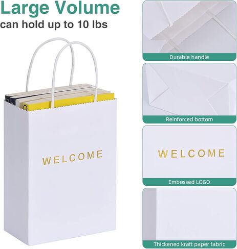 driew Welcome Gift Bags 50 Pack, Welcome Gift Bags 5.9 x 3.1 x 8.3'' Dark Green Paper Bags with Handles White Gift Bags for Retail, Wedding,Party, Shopping in Saudi Arabia