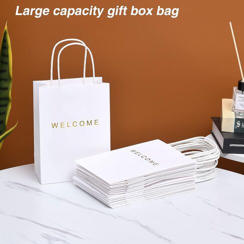 driew Welcome Gift Bags 50 Pack, Welcome Gift Bags 5.9 x 3.1 x 8.3'' Dark Green Paper Bags with Handles White Gift Bags for Retail, Wedding,Party, Shopping in Saudi Arabia