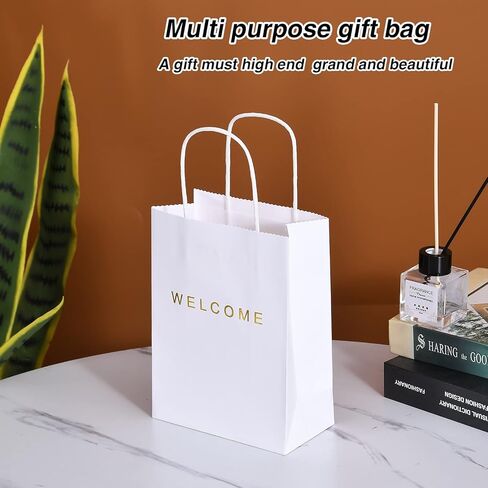 driew Welcome Gift Bags 50 Pack, Welcome Gift Bags 5.9 x 3.1 x 8.3'' Dark Green Paper Bags with Handles White Gift Bags for Retail, Wedding,Party, Shopping in Saudi Arabia