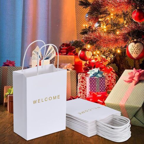 driew Welcome Gift Bags 50 Pack, Welcome Gift Bags 5.9 x 3.1 x 8.3'' Dark Green Paper Bags with Handles White Gift Bags for Retail, Wedding,Party, Shopping in Saudi Arabia