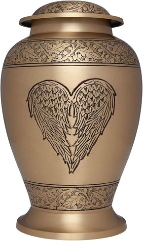 جرة حرق جثث قلب الملاك - جرة جنازة على شكل قلب مجنح ذهبي للرماد البشري - جرة دفن بنقش تفصيلي - نحاس 100% - حجم كبير للبالغين يصل إلى 200 رطل in Kuwait