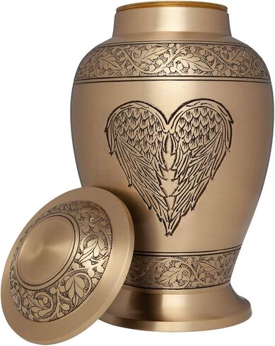 جرة حرق جثث قلب الملاك - جرة جنازة على شكل قلب مجنح ذهبي للرماد البشري - جرة دفن بنقش تفصيلي - نحاس 100% - حجم كبير للبالغين يصل إلى 200 رطل in Kuwait