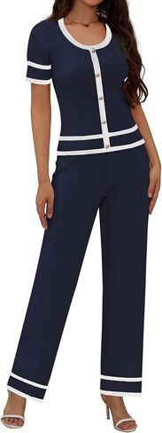 Women’s 2 Piece Outfits Sweaters Button Front Top Wide Leg Pants Cozy Knit Lounge Sets in Saudi Arabia