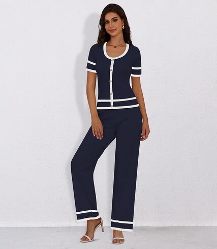 Women’s 2 Piece Outfits Sweaters Button Front Top Wide Leg Pants Cozy Knit Lounge Sets in Saudi Arabia