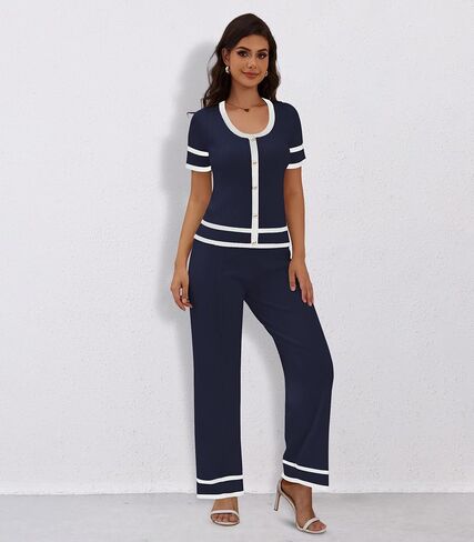 Women’s 2 Piece Outfits Sweaters Button Front Top Wide Leg Pants Cozy Knit Lounge Sets in Saudi Arabia