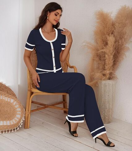Women’s 2 Piece Outfits Sweaters Button Front Top Wide Leg Pants Cozy Knit Lounge Sets in Saudi Arabia