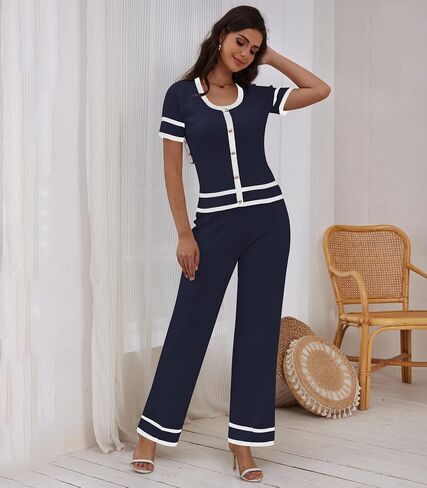 Women’s 2 Piece Outfits Sweaters Button Front Top Wide Leg Pants Cozy Knit Lounge Sets in Saudi Arabia