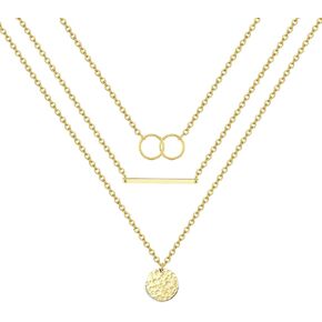 Harlorki Dainty Simple 14K Gold Plated Layered Link Chain Choker Double Circle Bar Hammered Disk Pendant Necklace Fashion Jewelry Gift for Women Lady