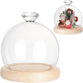 NBEADS Ball-Shaped Glass Dome, 4.1x4inch Round Glass Dome Cloche Clear Diamond Top Cloche Bell Jar with Navajo White Wood Base for Valentine's Day Eternal Flower Figure Decoration Craft