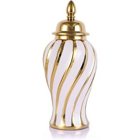 14.4" White and Gold Ceramic Ginger Jars with Lid-Modern Luxury Ribbing Ginger Jar Decorative Vase for Home Decor,Dining Table, Kitchen Table and Living Room, Bookshelf Decor, Kitchen Storage