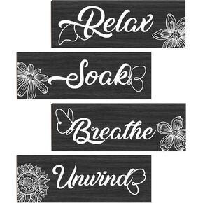 Tarklanda Wooden Bathroom Signage, 4 Pieces Decorative Wall Art, Soak Relax Unwind Breathe, Rustic Home Bathroom Decor, 25 x 9 cm/ 9.8 x 3.5 inches, Black