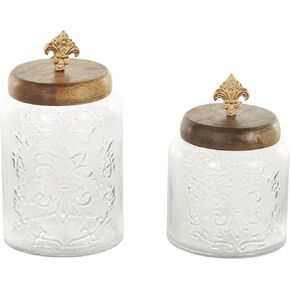 Deco 79 Glass Scroll Living Room Decorative Jars Decorative Container with Brown Wooden Lids and Gold Fleur-De- Lis Knobs, Set of 2 Jar with Lid 9", 7"H, Clear