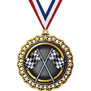 Racing Medal, 2 1/2" Galaxy Star Checkered Flags Race Medals, Great Car Racing Awards Prime