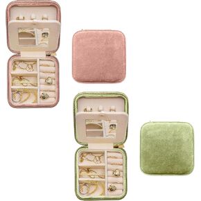 Benevolence LA Light Green and Dusty Pink Plush Velvet Travel Jewelry Organizer Box | Travel Jewelry Case | Jewelry Travel Organizer with Mirror | Jewelry Travel Case for Women