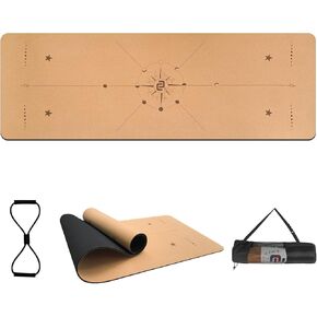 Numat Cork Yoga Mat 6mm (1/4 inch) Thick 72 x 24 in, Sweatproof NonSlip Eco-friendly, Lightweight TPE foam with Alignment Lines, Great for Hot Yoga, Pilates, Gym and Exercise, Black Carrying Bag w. Strap Included
