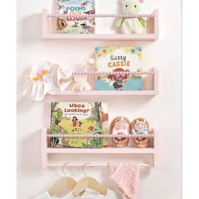 Book Shelves for Wall Set of 3, Pink Natural Wood Bookshelf Wall Decor, Small Floating Shelf Organizer for Living Room, Bedroom, Kitchen Spice Rack