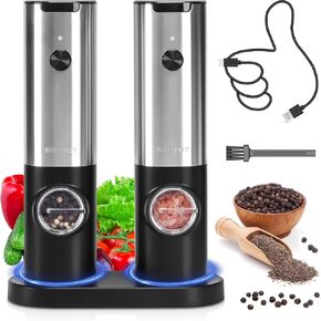 Electric Salt and Pepper Grinder Set with Type-C Rechargeable Base, Automatic Pepper Mill Grinder Refillable Set, Adjustable Coarseness, One Handed Operation, LED Light, 2 Pack