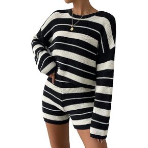 SHENHE Women's 2 Piece Outfits Casual Striped Drop Shoulder Sweater and Knit Shorts Set