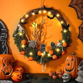 Halloween Wreath for Front Door 16'' Light up Halloween Wreath with Faux Skeleton Bat Tombstone and Pumpkin Skull Wreath with Lights Halloween Home Decor for Door Window Porch Decor