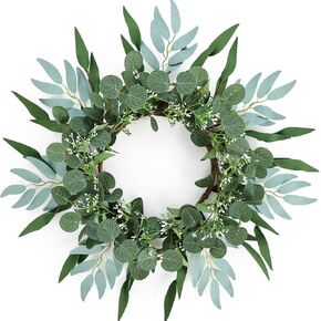 16'' Eucalyptus Wreath Artificial Greenery Wreath with Clusters White Flowers for Front Door Porch Wall Window Wedding Decor Home Farmhouse Patio Garden Decor Spring, Summer, Fall, All Seasons