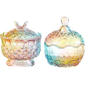 Set of 2 Crystal Candy Jars with Lid, Colorful Candy Dish for Office Desk, Glass Cookie Storage Jars Candy Containers Decorative Christmas Birthday Gifts for Table Home Decor