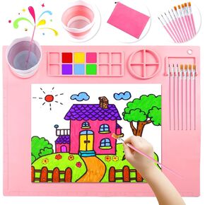 DIYDEC Silicone Craft Mat 20X16 Inch Large Silicone Art mat with Detachable Cup Painting Mat with 10 Painting Brushes Silicone Drawing Mat Sheets for Kids Adult DIY Gift Accessories (Blue)
