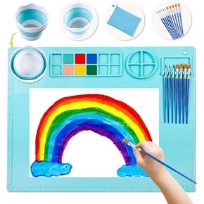 DIYDEC Silicone Craft Mat 20X16 Inch Large Silicone Art mat with Detachable Cup Painting Mat with 10 Painting Brushes Silicone Drawing Mat Sheets for Kids Adult DIY Gift Accessories (Blue)