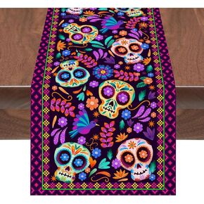 Mexican Fiesta Table Runner Dia De Los Muertos Decorations for Mexico Day of The Dead Altar Cinco de Mayo Ofrenda Party Farmhouse Rustic Linen Home Dining Room Kitchen Table 13x72 inch