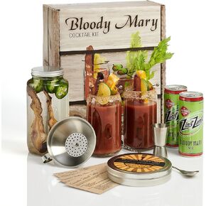 Bloody Mary Cocktail Kit: 16 oz Beer Can Drinking Glass Set | Zing Zang Bloody Mix | Rokz Salt Tin | Infusion Jar | Bar Spoon | Jigger | Funnel | Garnish Picks | Recipe Cards