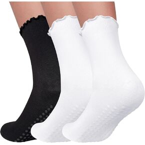 3 Pairs Pilates Socks with Grips Non Slip Socks Ruffle Yoga Socks Grip Socks for Women Crew Socks