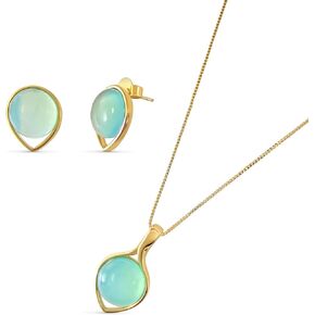Brazilian Stones – – Blue Agate Natural Stone Set, Stud Earrings e pendant, 18K Gold plated, Lace blue, sky blue natural stone. Blue, sky blue, Gemstone skyblue agate gold plated, blue agate