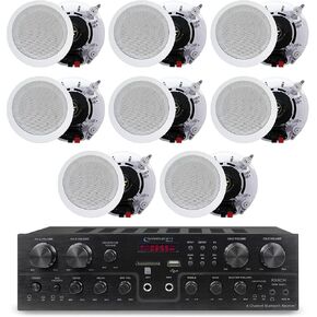 Technical Pro 4 Channel 1600 Watts 8 Speaker Bluetooth Home Theater Receiver System, USB with 4 Pairs of 5.25" Ceiling Wall Mount 2-Way Mid bass Woofer Speakers