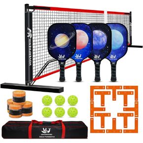 شبكة Pickleball للممر، مجموعة كرة Pickleball بحجم تنظيم 22 قدمًا مع شبكة ومجاديف من الألياف الزجاجية مكونة من 4 قطع، كرات Pickleballs في الهواء الطلق وحقيبة حمل