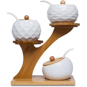 Porcelain Condiment Jar Set, Spice Jars with Bamboo Lids and Spoon, Wooden Tray, 170 ML (5.8 OZ), Used to Store Tea, Spices, Coffee, Set of 3(White)