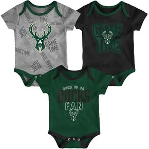 NBA Newborn Infants Game Time 3 Pieces Onsie Creeper Bodysuit Romper Set (Milwaukee Bucks, 12 Months)
